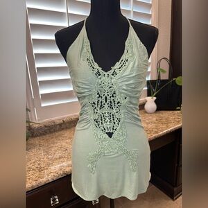 NWOT Sky Crochet Halter Top, Sage Green, Size L